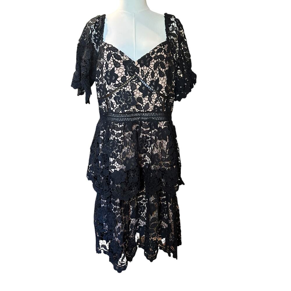 Little Black Dress Lace Overlay Cream Lining Knee Ruffles Layered SZ 14 BooHoo